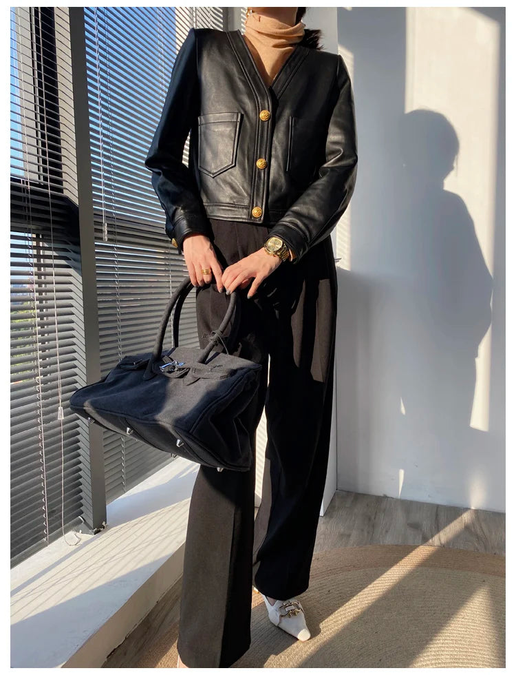 Mujer Roupas Autumn/Winter Female Genuine Leather V-Neck Big Gold Buckle Casual Pocket Short Coat Camel/Black Chic Jacket Women