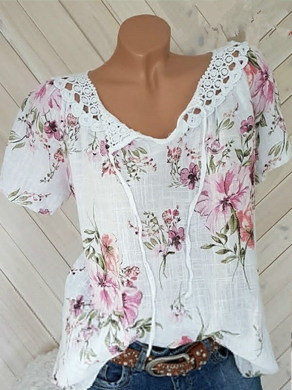 Women Summer Fashion Trendy Short Sleeve Lace Up Floral Print Blouses Tops  T-Shirts Casual Summer Lace Stitching Shirts