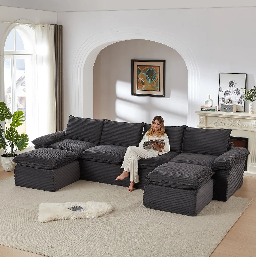 Boneless Oversized Sectional Compressed Foam Sofa Set Living Room Modern Convertible Modular Corduroy Vacuum Packaging