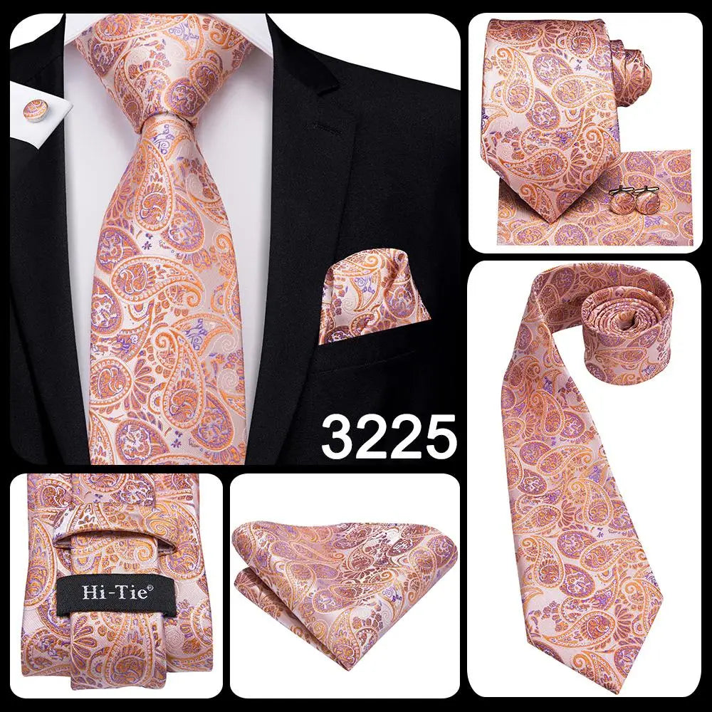 Hi-Tie Silk Men Tie Peach Pink Floral Wedding Necktie for Men Luxury Necktie Handkerchief Cufflink Fashion Design Business