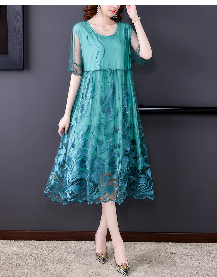 High Street Natural Silk Floral Embroidery Midi Dress Summer Casual Vintage Loose Beach Dress 2024 Women Elegant Party Vestidos