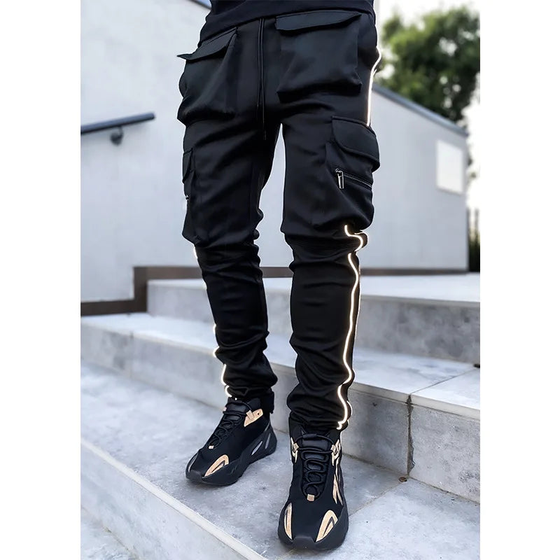 Spring and Autumn Workwear Pants Men's Fashion Brand Elastic Multi-Bag Reflective Straight Sports Fitness Casual Trousers