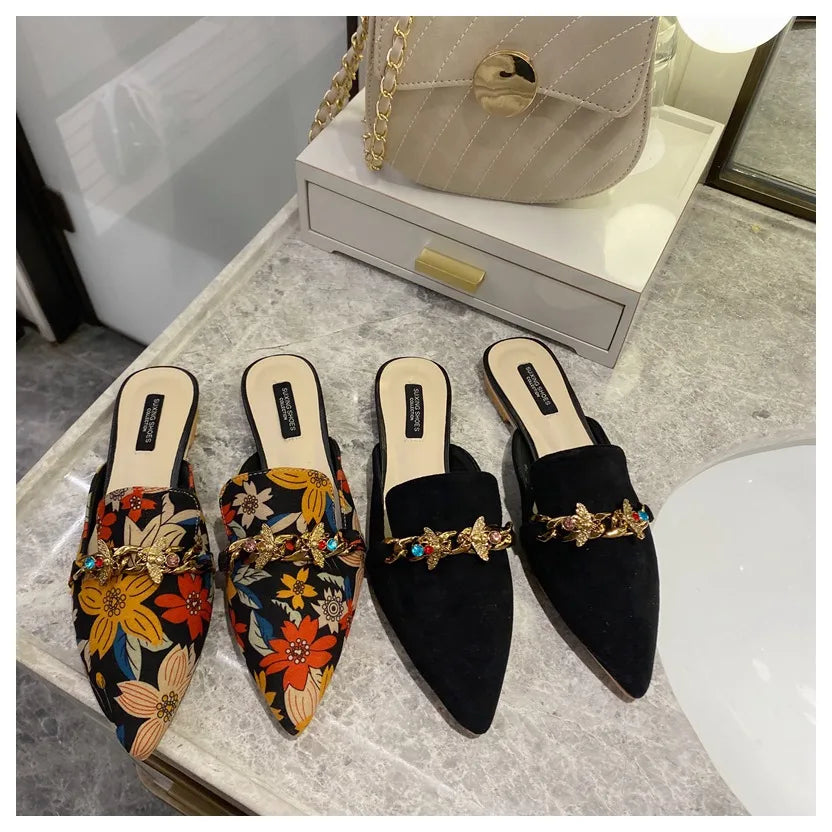 New Women Slippers Pointed Toe Rubber Metal Chains Flat Slide Footwear Fashion Casual Mule Shoes Big Size 41 42 Zapatos De Mujer