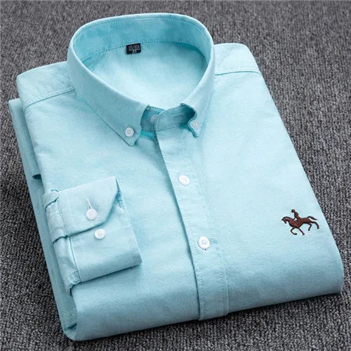 S-6XL Casual Pure Cotton Oxford Mens Shirts Long Sleeve Embroidery Horse Design Regular Fit Fashion Button Man White Dress Shirt