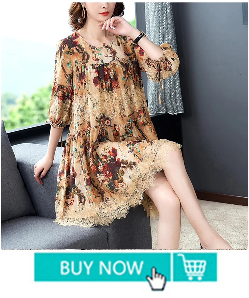 High Street Natural Silk Floral Embroidery Midi Dress Summer Casual Vintage Loose Beach Dress 2024 Women Elegant Party Vestidos