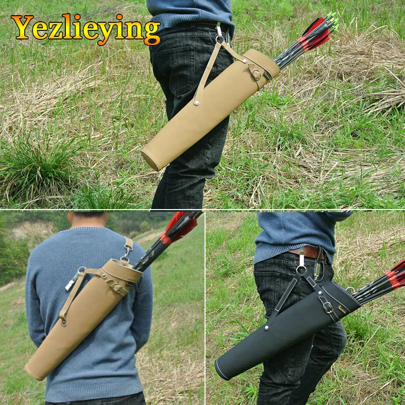 Archery Hunting  52*13cm Pure Leather Arrow Quiver in Black/Yellow Color Shoulder-back Design Arrow Bag waist collapse Bag