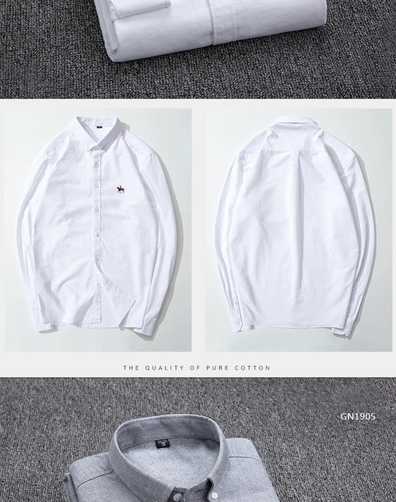 S-6XL Casual Pure Cotton Oxford Mens Shirts Long Sleeve Embroidery Horse Design Regular Fit Fashion Button Man White Dress Shirt