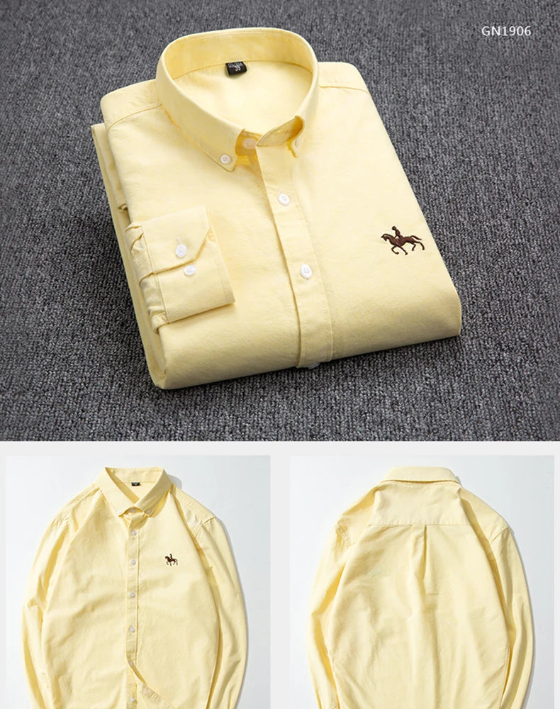 S-6XL Casual Pure Cotton Oxford Mens Shirts Long Sleeve Embroidery Horse Design Regular Fit Fashion Button Man White Dress Shirt
