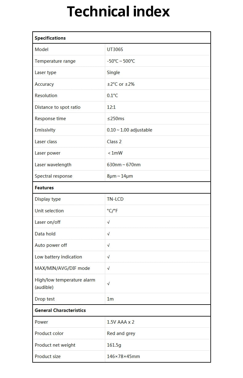 UNI-T UT306S UT306C Digital Infrared Thermometer Non-contact Laser Thermometer Gun Temperature Tester -50-500
