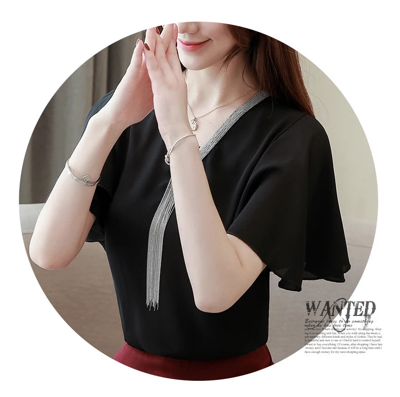 Blusas Blouses Femme Summer Tops Women Blouse Women Blusas Mujer De Moda 2024 Verano Tassel V-Neck Chiffon Blouse Shirt E767