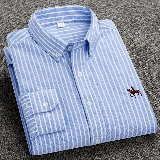 S-6XL Casual Pure Cotton Oxford Mens Shirts Long Sleeve Embroidery Horse Design Regular Fit Fashion Button Man White Dress Shirt