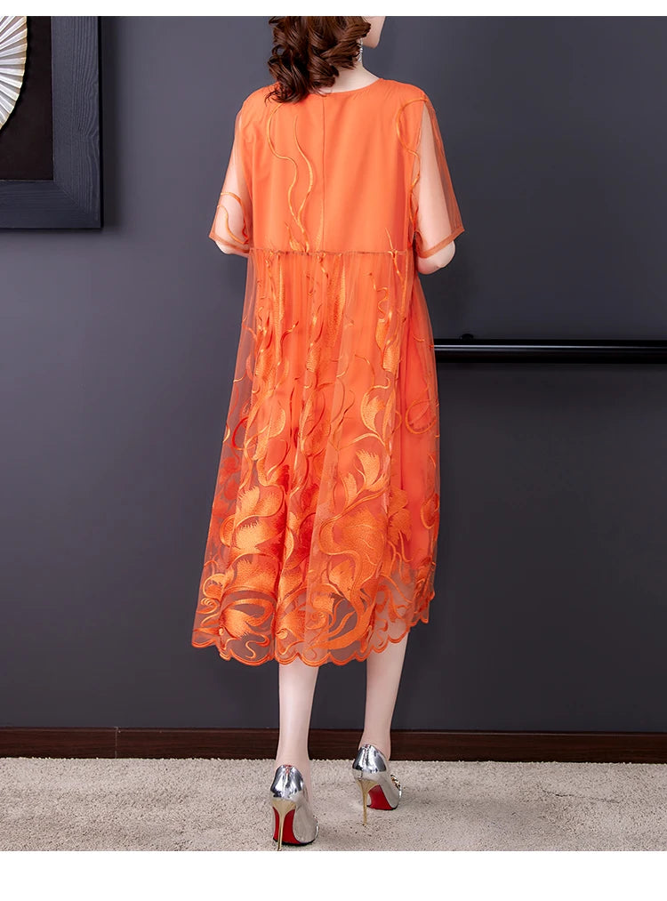 High Street Natural Silk Floral Embroidery Midi Dress Summer Casual Vintage Loose Beach Dress 2024 Women Elegant Party Vestidos
