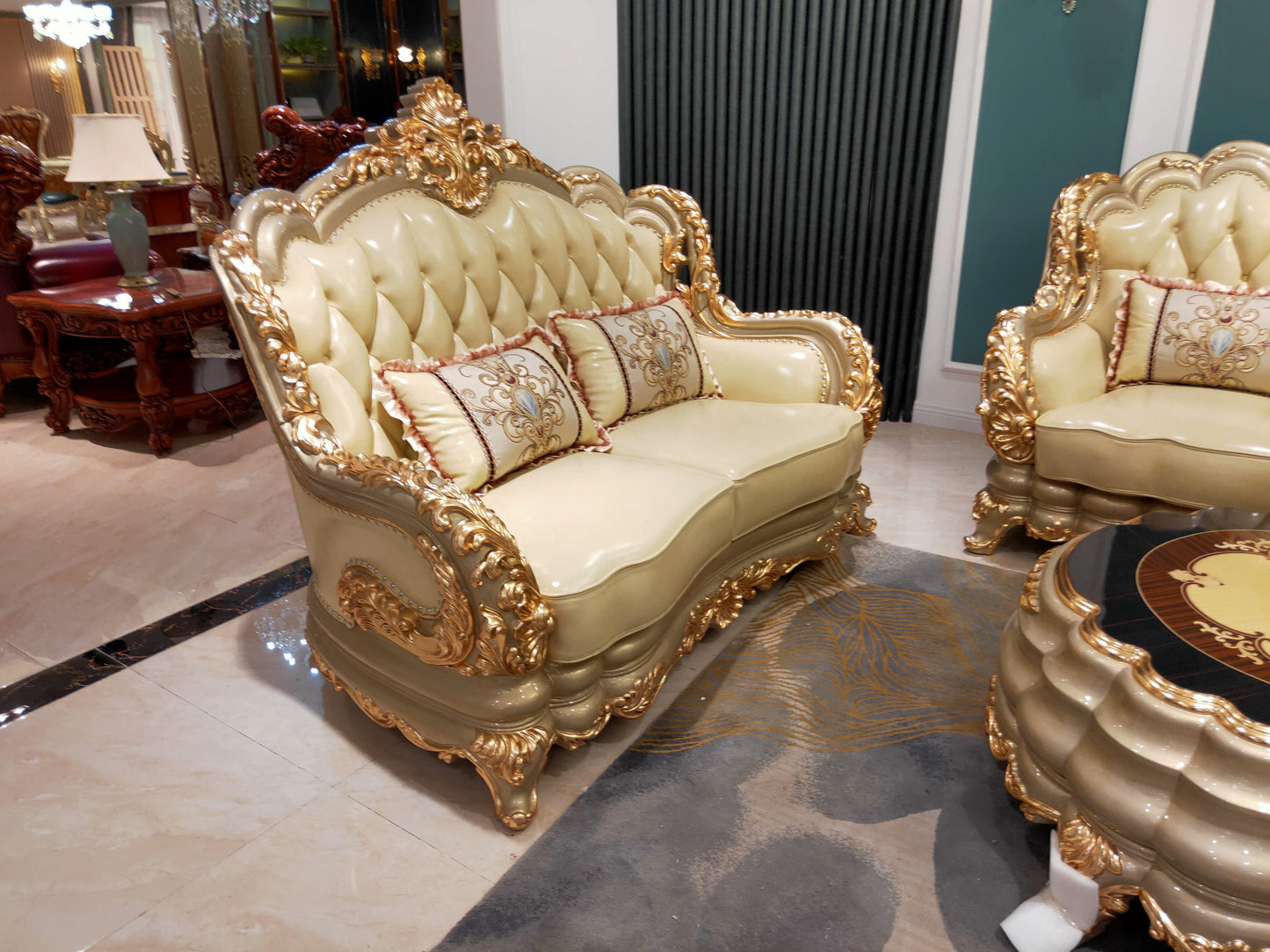 ZX07 Golden Chesterfield Sofa Set Single Living Room Furniture with Wooden Frame and Sponge Filling Arab Style Bed