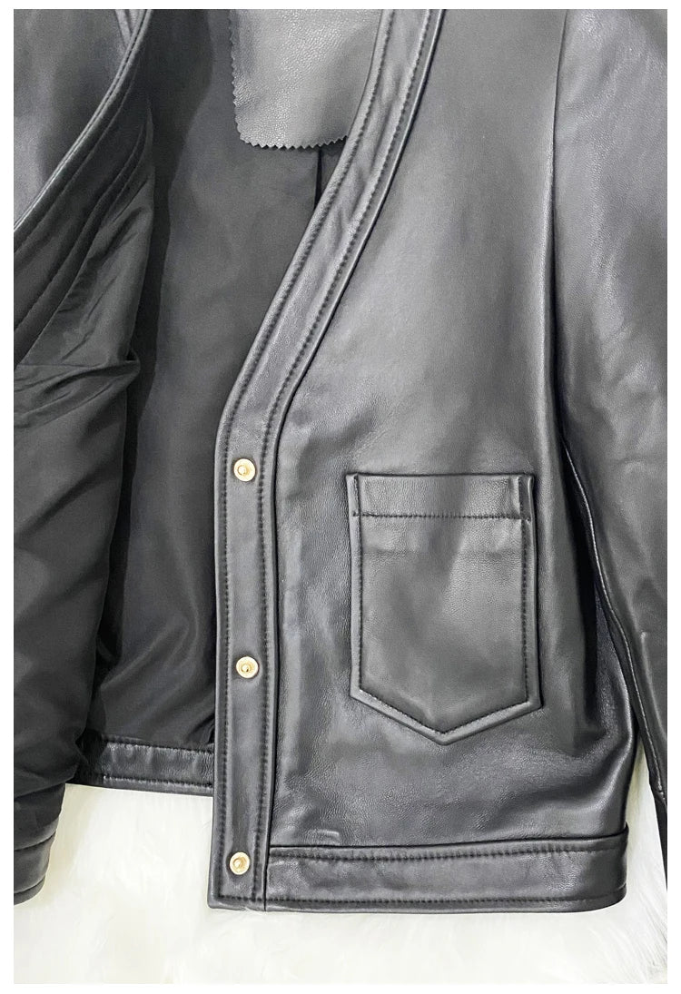 Mujer Roupas Autumn/Winter Female Genuine Leather V-Neck Big Gold Buckle Casual Pocket Short Coat Camel/Black Chic Jacket Women