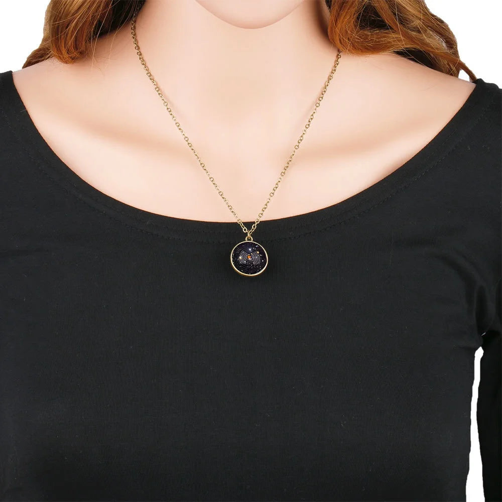 Luminous Solar System Necklace Nebula Galaxy Planet Universe Double Sided Glass Ball Necklaces