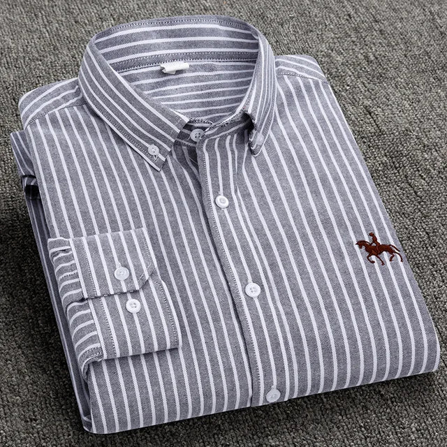 S-6XL Casual Pure Cotton Oxford Mens Shirts Long Sleeve Embroidery Horse Design Regular Fit Fashion Button Man White Dress Shirt
