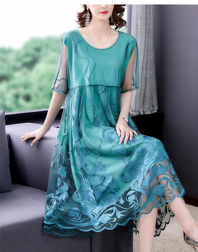 High Street Natural Silk Floral Embroidery Midi Dress Summer Casual Vintage Loose Beach Dress 2024 Women Elegant Party Vestidos