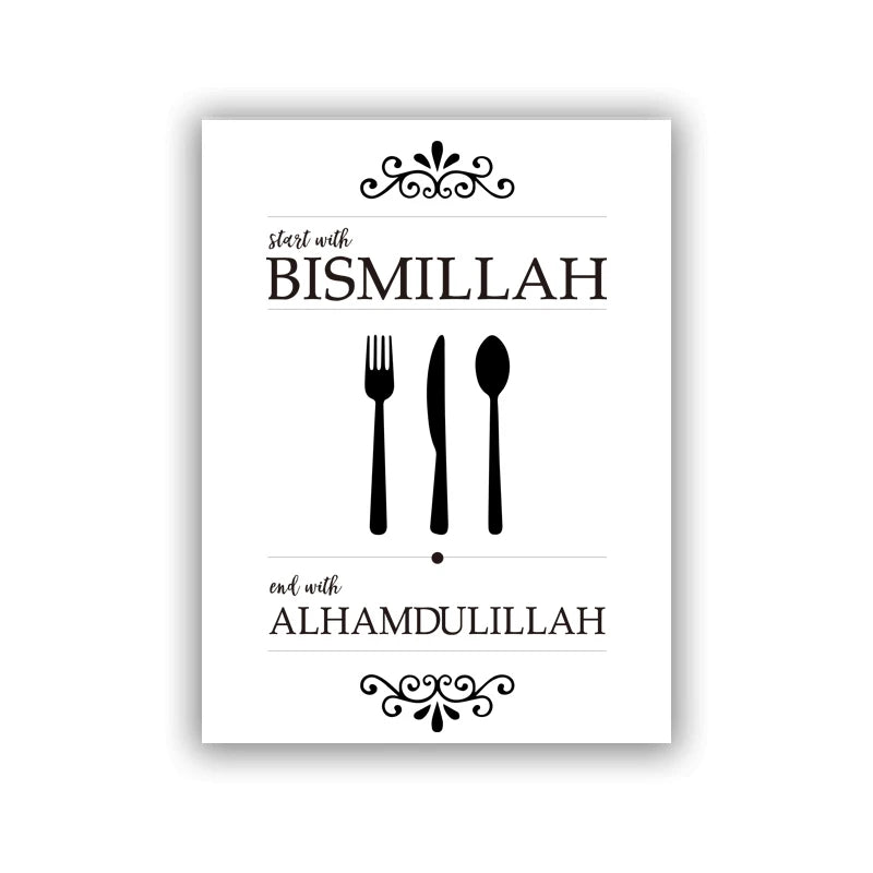 Islamic Kitchen Wall Art Prints Bismillah Inshallah Arabic Canvas Painting Eating Dua Sign Quotes Posters Dining Room Decor