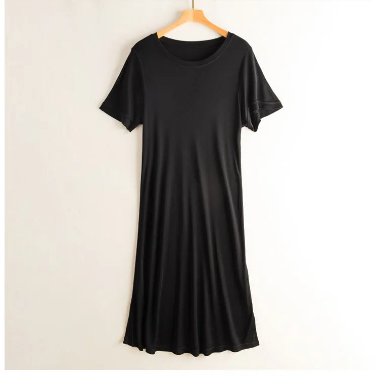 Knitted Silk Dress Solid Color Large Medium Long Mulberry Silk Short Sleeve Round Neck Bottomed Skirt