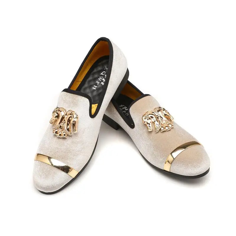 Men Party Dinner Formal Shoes Fashion Gentleman Wedding Dress Shoes for Men Casual Shoes Beige Velvet Loafers