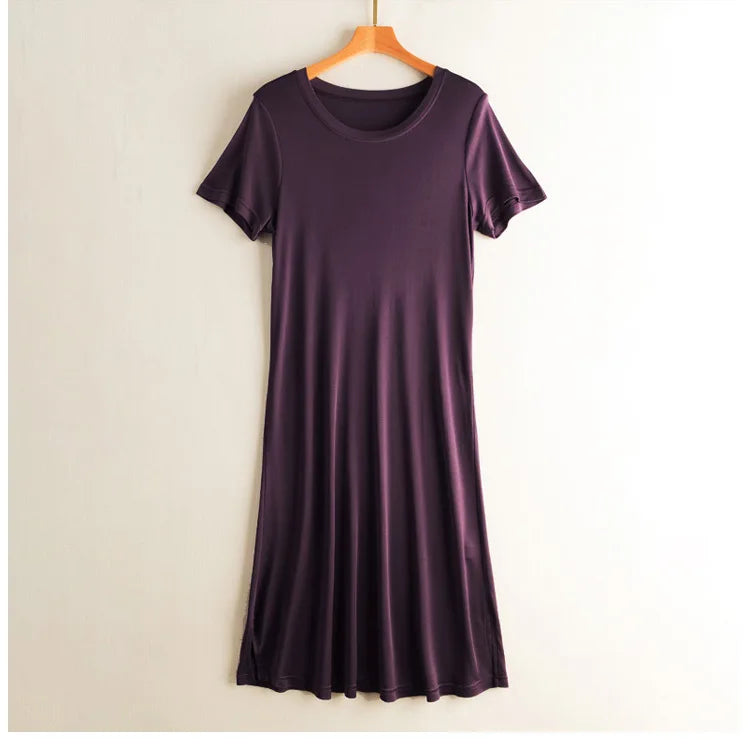 Knitted Silk Dress Solid Color Large Medium Long Mulberry Silk Short Sleeve Round Neck Bottomed Skirt