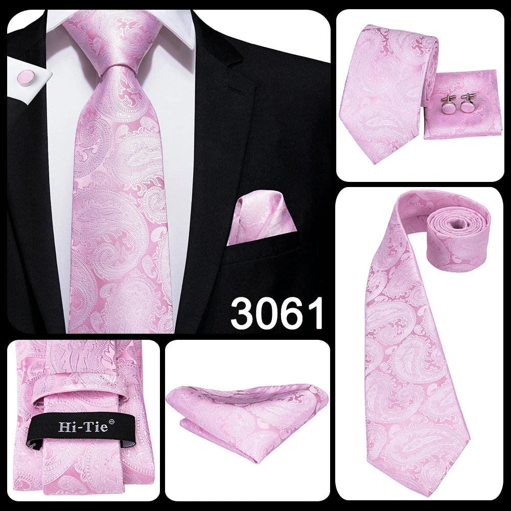 Hi-Tie Silk Men Tie Peach Pink Floral Wedding Necktie for Men Luxury Necktie Handkerchief Cufflink Fashion Design Business