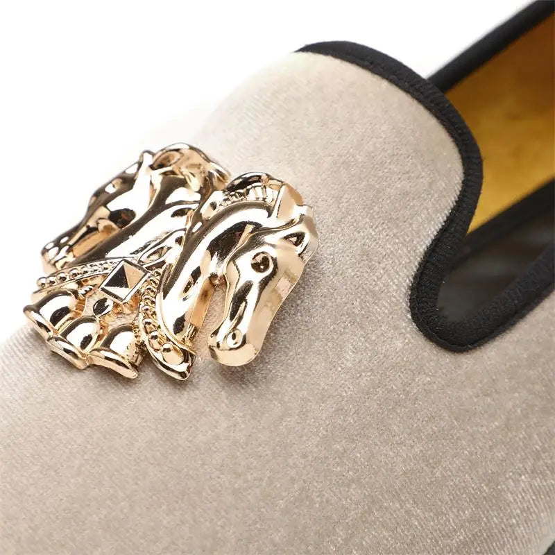 Men Party Dinner Formal Shoes Fashion Gentleman Wedding Dress Shoes for Men Casual Shoes Beige Velvet Loafers