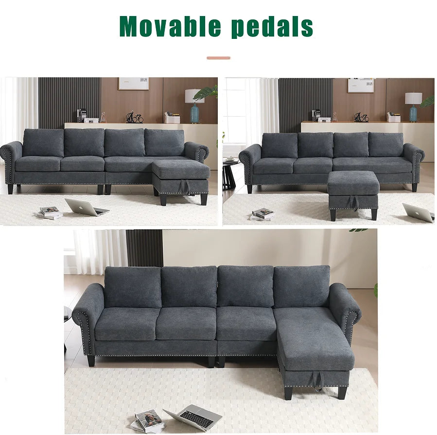 Convertible L-Shaped Sectional Sofa Set with Storage and Sofa Bed Four-Seater Linen Fabric