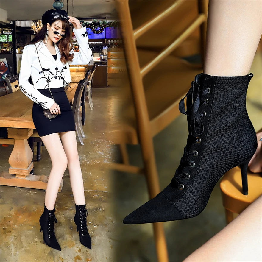 2025 Woman Cross-tied Autumn Ankle Boots Flock Pointed High Heels Shoes Women's Black Fashion Zipper Office Lady Street Footwear