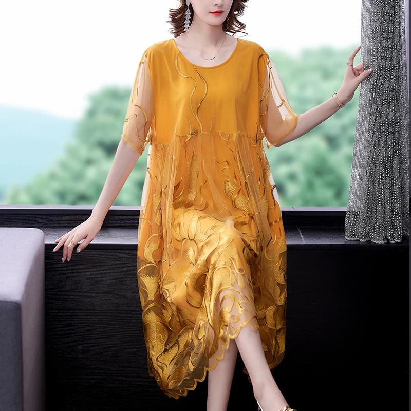 High Street Natural Silk Floral Embroidery Midi Dress Summer Casual Vintage Loose Beach Dress 2024 Women Elegant Party Vestidos