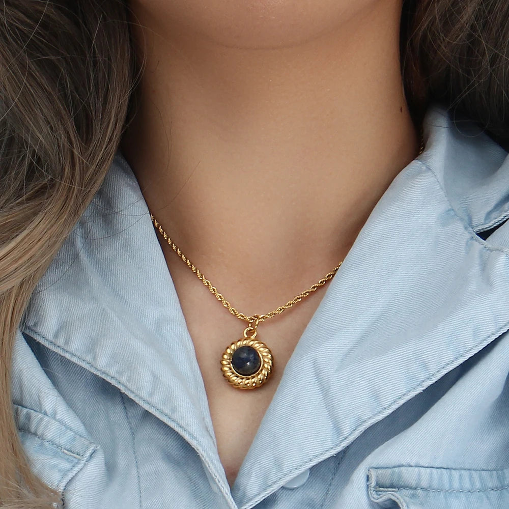 E.B.belle   Elegant Natural Stone Black Carnelian Lapis Lazuli Amethyst Simulated Pearl Pendant Necklace Rope Chian Necklace