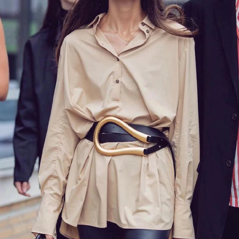 NEW Genuine Leather double Belts Luxury Metal U Buckle belt women girls retro vintage large belt for coat jeans black white