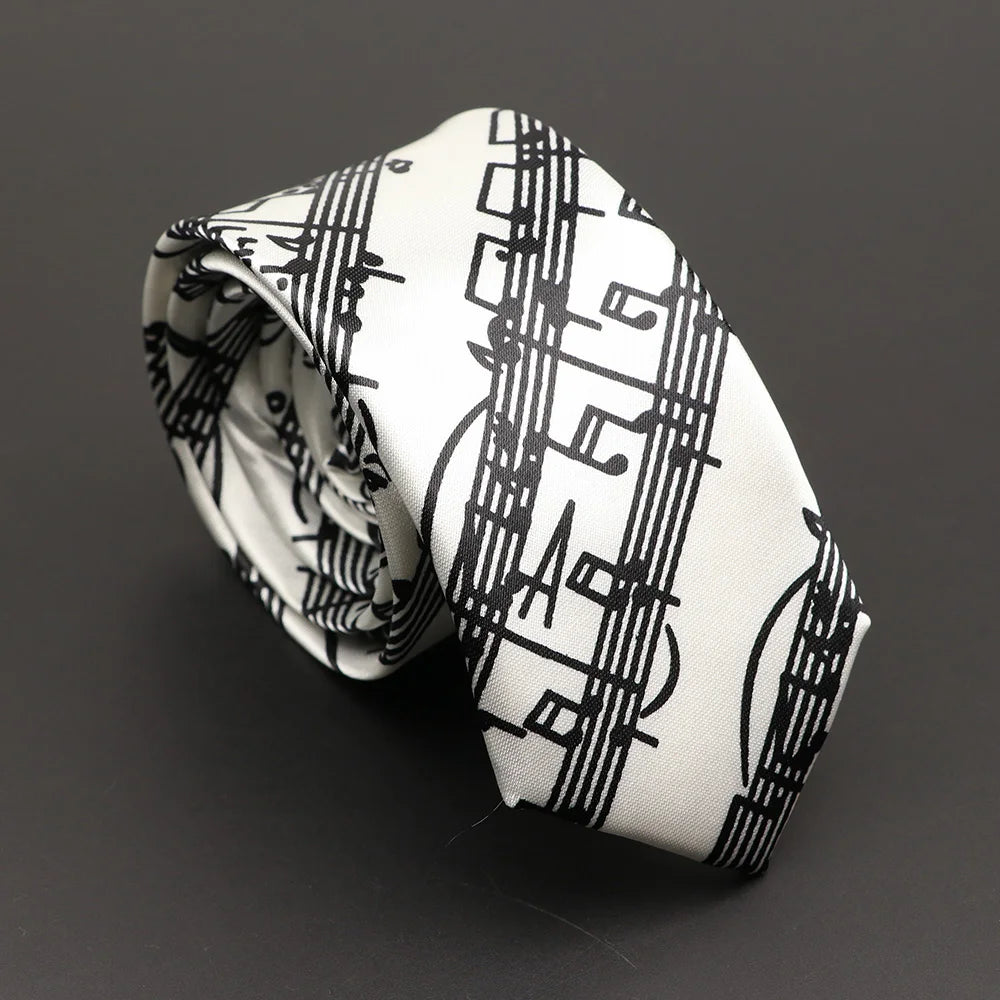 Classic Musical Notes Printed Tie Silky Narrow Neckties Slim Smooth Piano Guitar Necktie Simple Elegant Trendy Unisex Ties Gift
