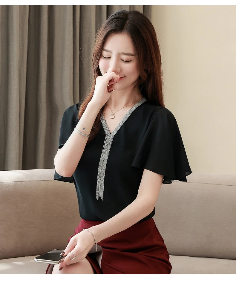 Blusas Blouses Femme Summer Tops Women Blouse Women Blusas Mujer De Moda 2024 Verano Tassel V-Neck Chiffon Blouse Shirt E767