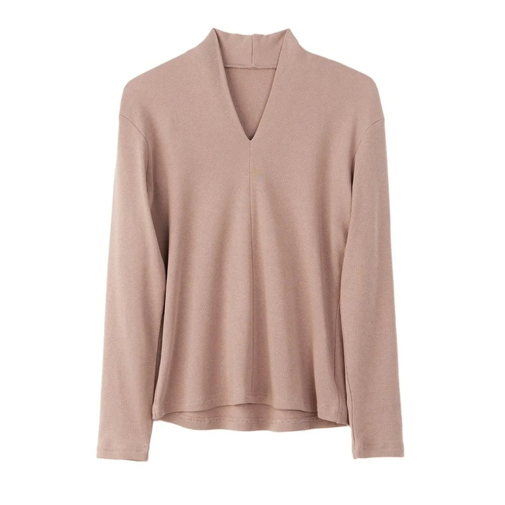 Silk Long Sleeve T-Shirt Elastic Slim Fit V-neck Pullover Thread Solid Color Mulberry Silk Brushed Women's Bottoming Shirt