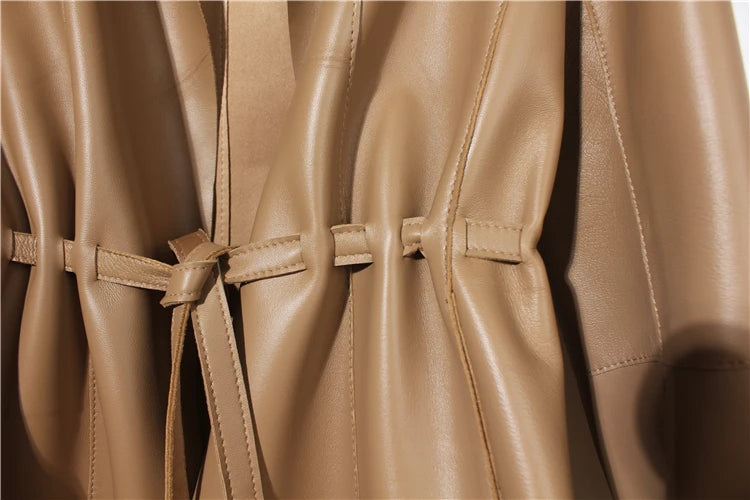 European Fashion Women Clothing Female Real Leather Jacket Mujer Draw Back Round Neck Pleated Belt Caramel Coat Veste Femme