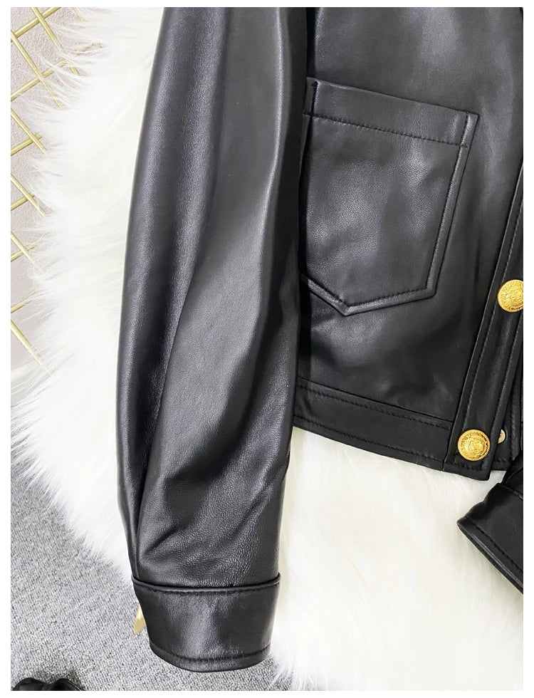 Mujer Roupas Autumn/Winter Female Genuine Leather V-Neck Big Gold Buckle Casual Pocket Short Coat Camel/Black Chic Jacket Women