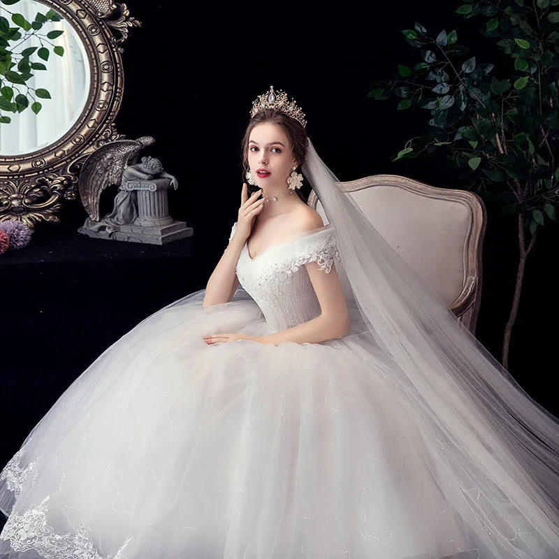 Shiny Wedding Gowns Sweet Boat Neck Wedding Party Ball Gown Off Shoulder Wedding Dresses Customized For Women