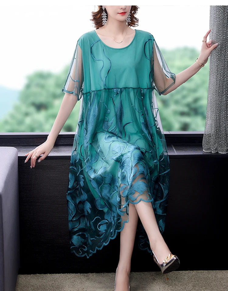 High Street Natural Silk Floral Embroidery Midi Dress Summer Casual Vintage Loose Beach Dress 2024 Women Elegant Party Vestidos
