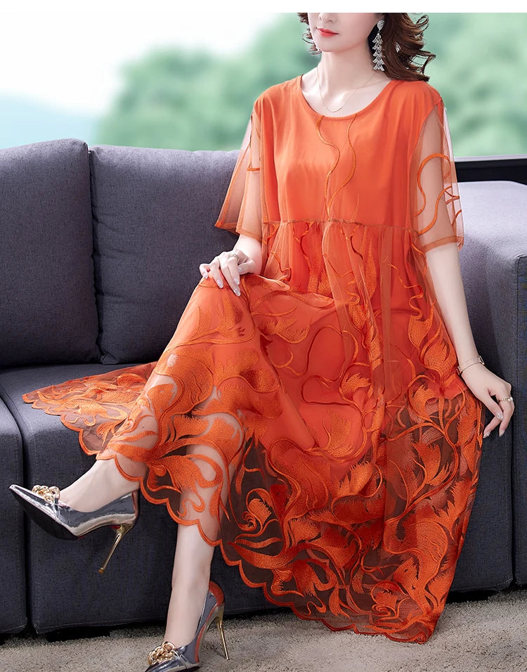 High Street Natural Silk Floral Embroidery Midi Dress Summer Casual Vintage Loose Beach Dress 2024 Women Elegant Party Vestidos