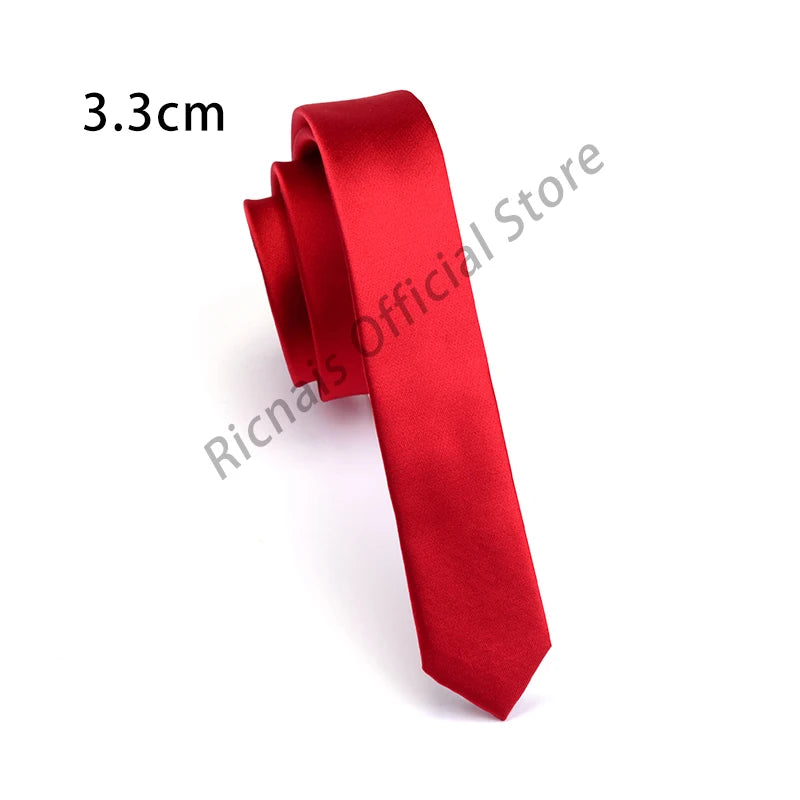 Ricnais Fashion 3.3cm Slim Silk Tie Red Green Solid Skinny Necktie For Men Party Wedding Casual Neck Ties Accessories Gifts