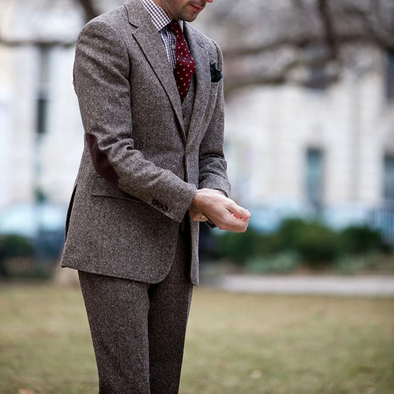 Latest 3 Piece Tweed Wool Men Suits for Winter Groom Tuxedo Male Fashion Wedding Costume Homme Jacket Vest Pants Tailor Made