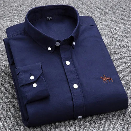 S-6XL Casual Pure Cotton Oxford Mens Shirts Long Sleeve Embroidery Horse Design Regular Fit Fashion Button Man White Dress Shirt