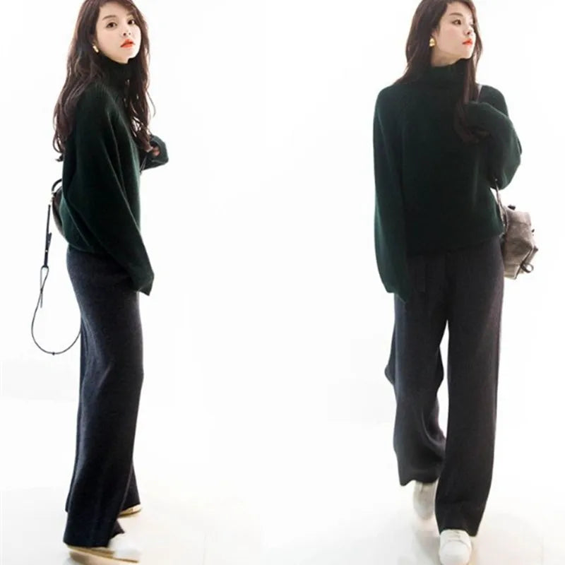 Women Pants 2020 New Winter Soft Waxy Comfortable High-Waist Cashmere Knitted Trousers Female Solid Color Casual Wide Leg Pants