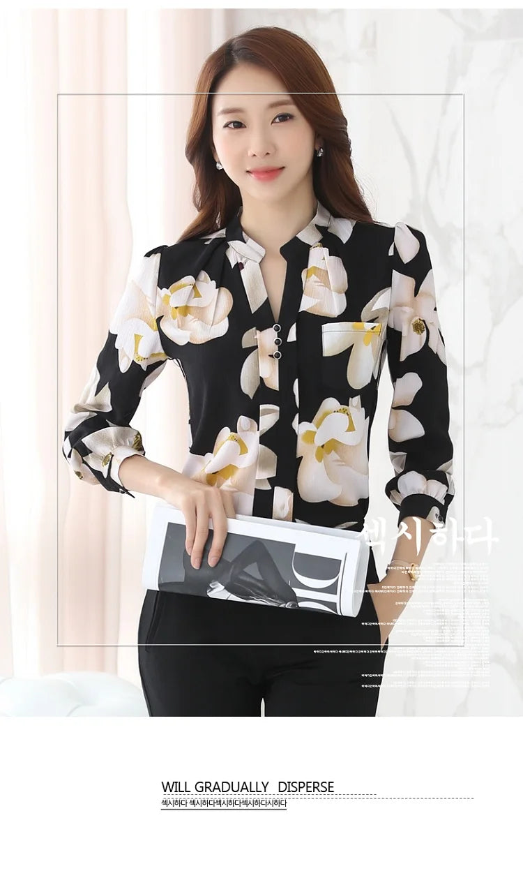 Women's Long Sleeve Chiffon Blouse, V-Neck Tops, Slim Fit Shirt, Office Lady Fashion Print Clothing, Spring, 2024 New, 882G