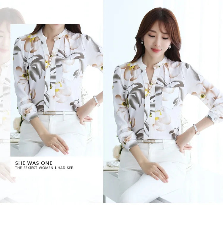 Women's Long Sleeve Chiffon Blouse, V-Neck Tops, Slim Fit Shirt, Office Lady Fashion Print Clothing, Spring, 2024 New, 882G