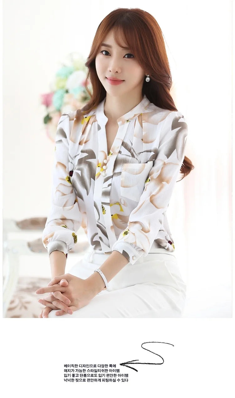 Women's Long Sleeve Chiffon Blouse, V-Neck Tops, Slim Fit Shirt, Office Lady Fashion Print Clothing, Spring, 2024 New, 882G