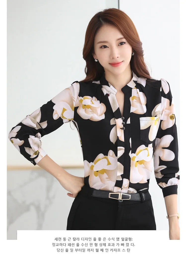Women's Long Sleeve Chiffon Blouse, V-Neck Tops, Slim Fit Shirt, Office Lady Fashion Print Clothing, Spring, 2024 New, 882G