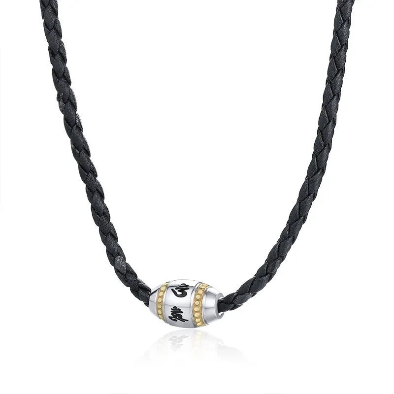 Men Necklace Black Braided Leather with Stainless Steel Beaded Choker for Men Hippie Jewelry