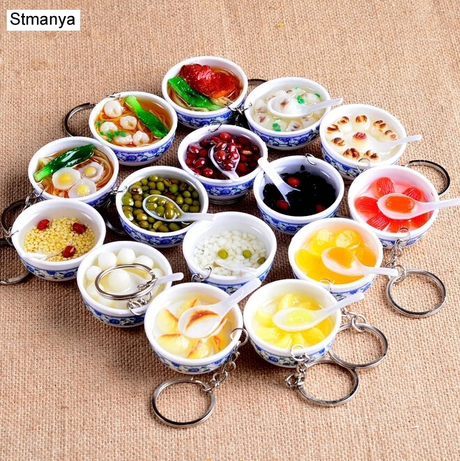 New Simulation Food Key Chains noodle New Keychain Chinese Blue and white porcelain Food Bowl Mini bag pendant  #17169